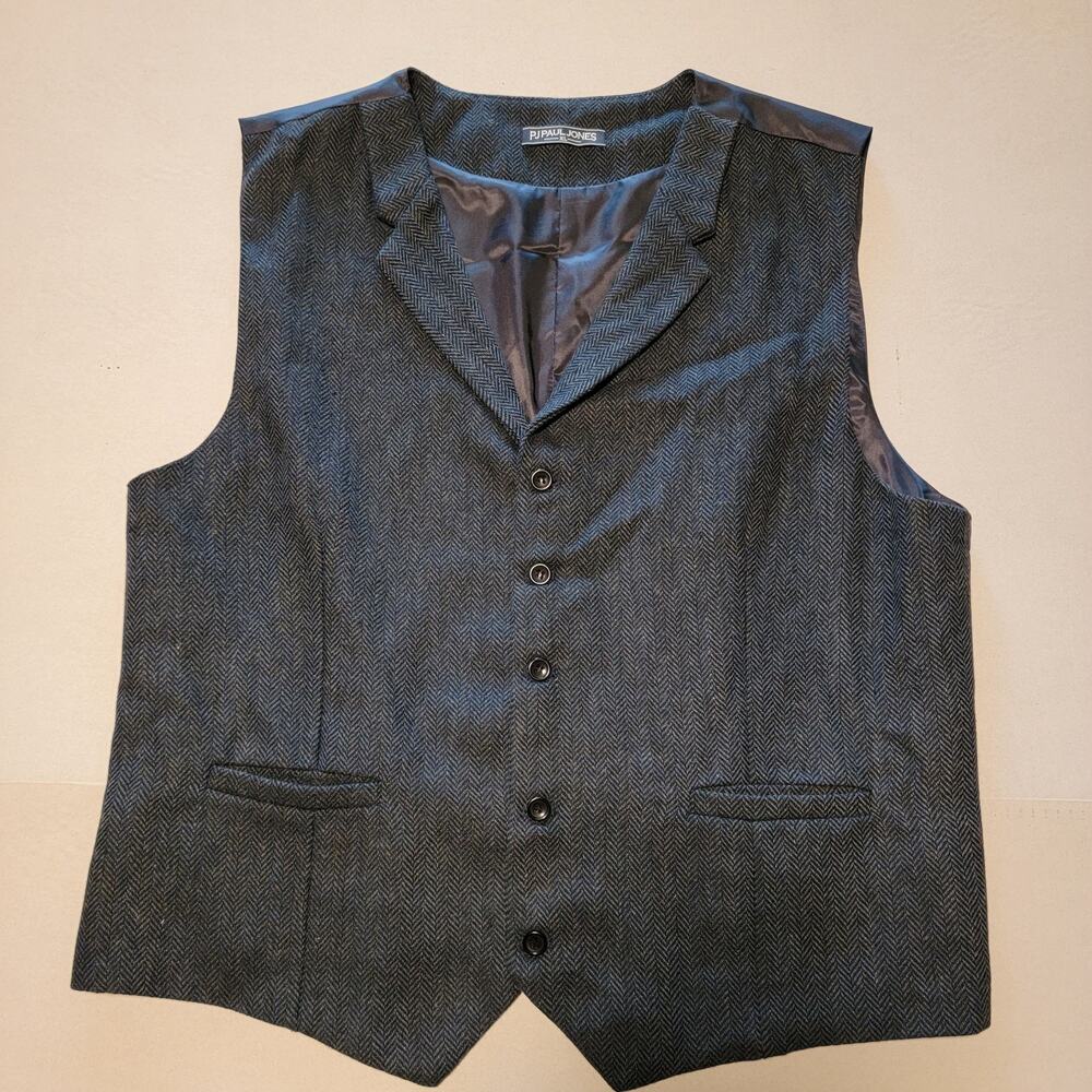 PJ Paul Jones Jacket Mens XL Blue Suit Vest Wool Blend Herringbone Tweed Retro